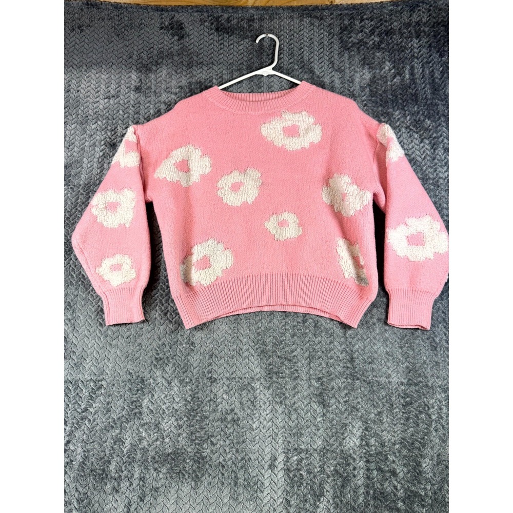 Daisy Sweater Womens Small Pink White Flower‎ Shaker Stitch Knit Balloon Sleeve